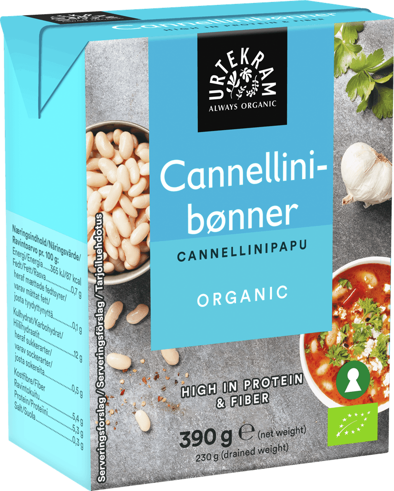 Urtekram Luomu Cannellinipavut, tuotepakkaus 390 g