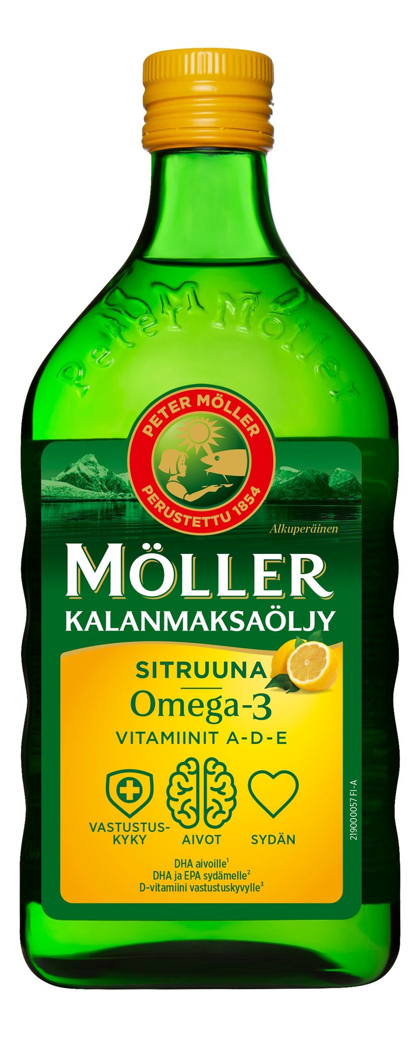 Möller Kalanmaksaöljy, sitruuna; vihreä pullo, keltainen etiketti, jossa Omega-3, A-, D- ja E-vitamiinit sekä sitruunaviipalekuva; etiketissä suomenkielistä tekstiä ja terveyskuvakkeita immuunipuolustuksesta, aivoista ja sydämestä; pullo läpinäkyvää muovia, suorakulmainen muoto pyöristetyin olkapäin, kiiltävä pinta; groteskifonttia etiketissä; ei ihmisiä; vaalea tausta pehmeällä valaistuksella, tavanomainen silmän tason tuotekuva.