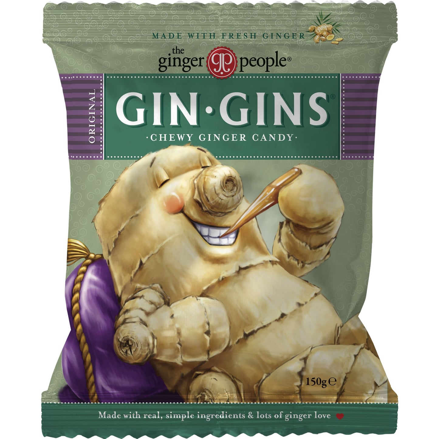 The Ginger People Gin Gins Chewy Ginger Original; pussi Gin Gins-inkiväärikaramelleja, kuvituksena hymyilevä inkiväärijuurihahmo kepin kanssa vihreällä taustalla violetein tehostein; pussi kiiltäväpintainen suorakulmainen valkoisin ja keltaisin groteskitekstein "Gin Gins" ja "chewy ginger candy"; ei ihmisiä tai käsiä kuvassa, yksinkertainen tausta.