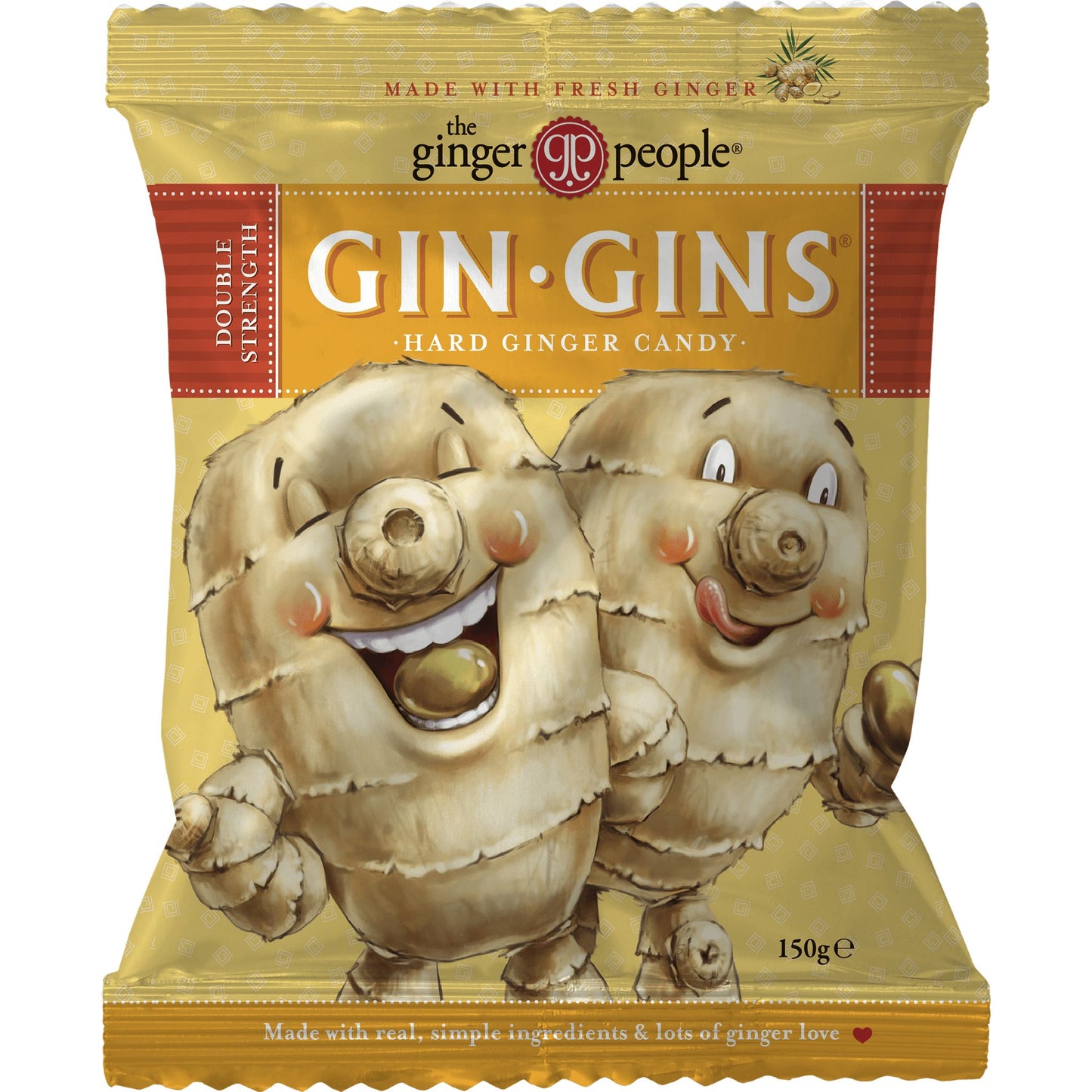 The Ginger People Gin Gins Double Strenght Hard Candy; keltainen kiiltäväpintainen pussi kovia inkiväärikaramelleja, kuvituksena kaksi hymyilevää inkiväärijuurihahmoa; etikettiteksti "Double Strength" ja "Made with fresh ginger" sekä paino 150 g lihavoiduin groteskikirjasimin; keltainen tausta ilman muita esineitä tai ihmisiä kuvassa.