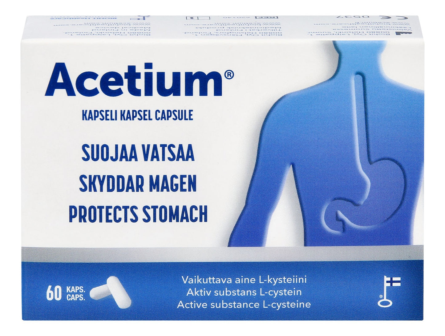 Acetium 100 mg -kapselipakkaus; suorakulmainen, mattapintainen ja pääosin valkoinen rasia sinisin korostuksin; etiketissä sininen ylävartalon ääriviiva korostetulla vatsa-alueella, monikielistä tekstiä sekä kuva yhdestä valkoisesta kapselista; merkki ja tuotetiedot useilla kielillä tekstausvapaalla kirjasimella; kuvattu valkoista studiotaustaa vasten edestä, ei ihmisiä tai käsiä näkyvissä.