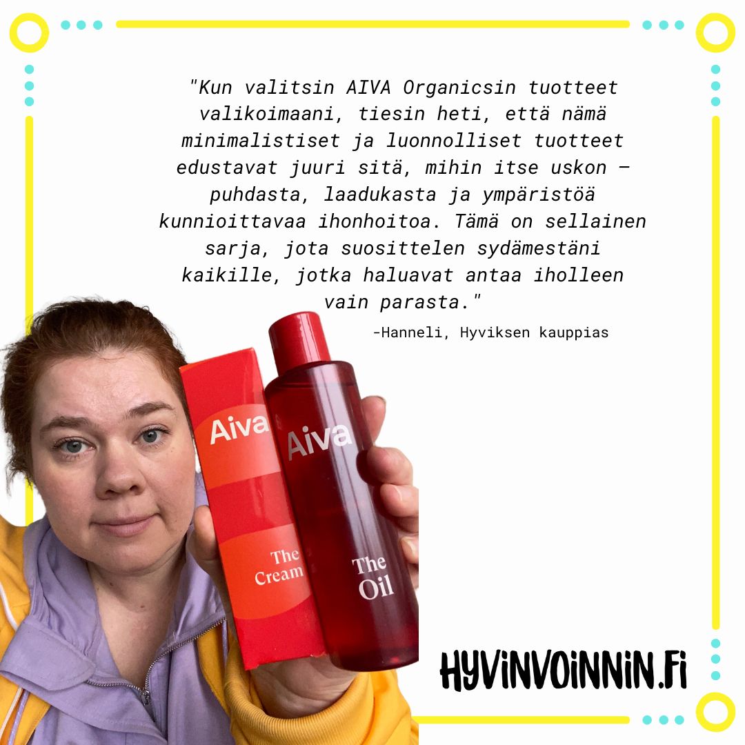 Aiva The Duo; vaaleanpunaista hupparia käyttävä henkilö pitelee kahta Aiva The Oil -tuotetta, joissa valkoiset etiketit ja annostelupäät; etiketeissä teksti "Aiva The Oil", suomenkielinen suositteluteksti ja hyvinvointi.fi-logo; neutraali tausta, lähikuva käsistä.