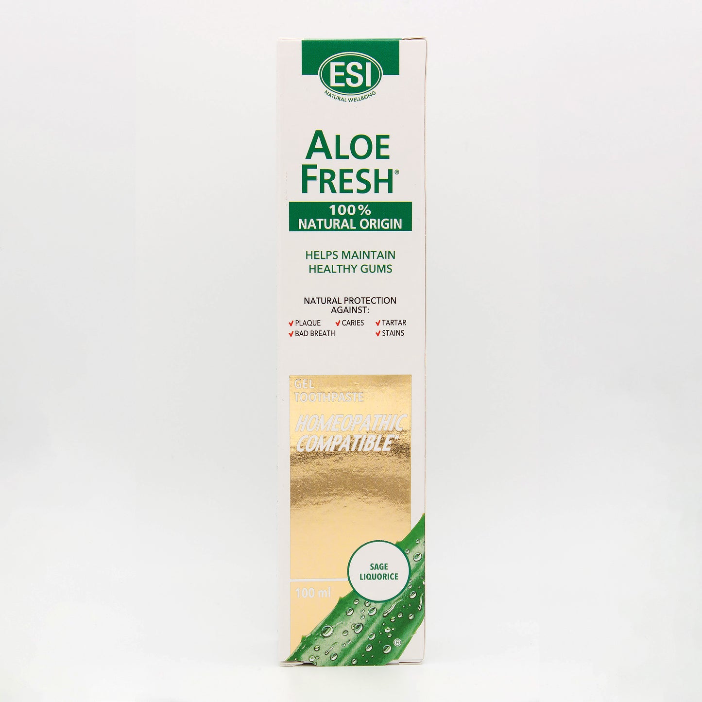 Box of ESI Aloe Fresh toothpaste, 100 ml, featuring claims of natural origin, homeopathic compatibility, and benefits for healthy gums. The packaging highlights sage and licorice among its ingredients for a refreshing experience. Rectangular cardboard box with a glossy finish in green and white tones, bold sans-serif text with some italics, clear logos and icons on the front panel; close-up studio shot on plain white background; no people or hands present.
