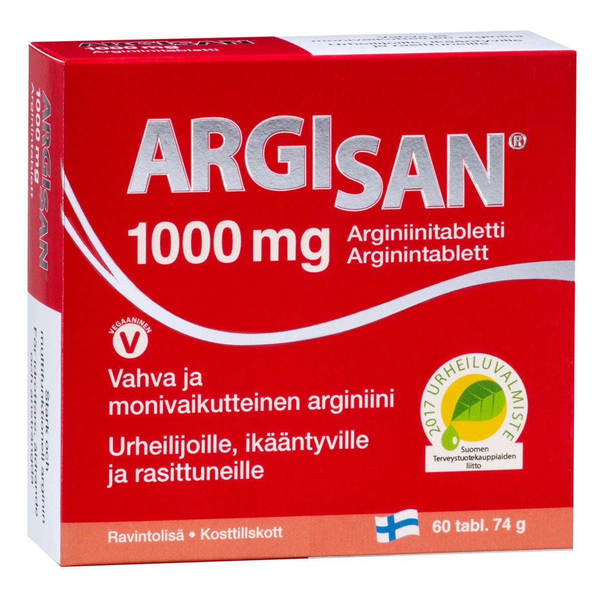 ARGISAN 1000 mg -arginiinitablettipakkaus, punainen, urheilijoille ja ikääntyville, 60 tablettia, suomenkieliset terveysmerkinnät; mattapintainen rasia, valkoinen lihavoitu groteskiteksti