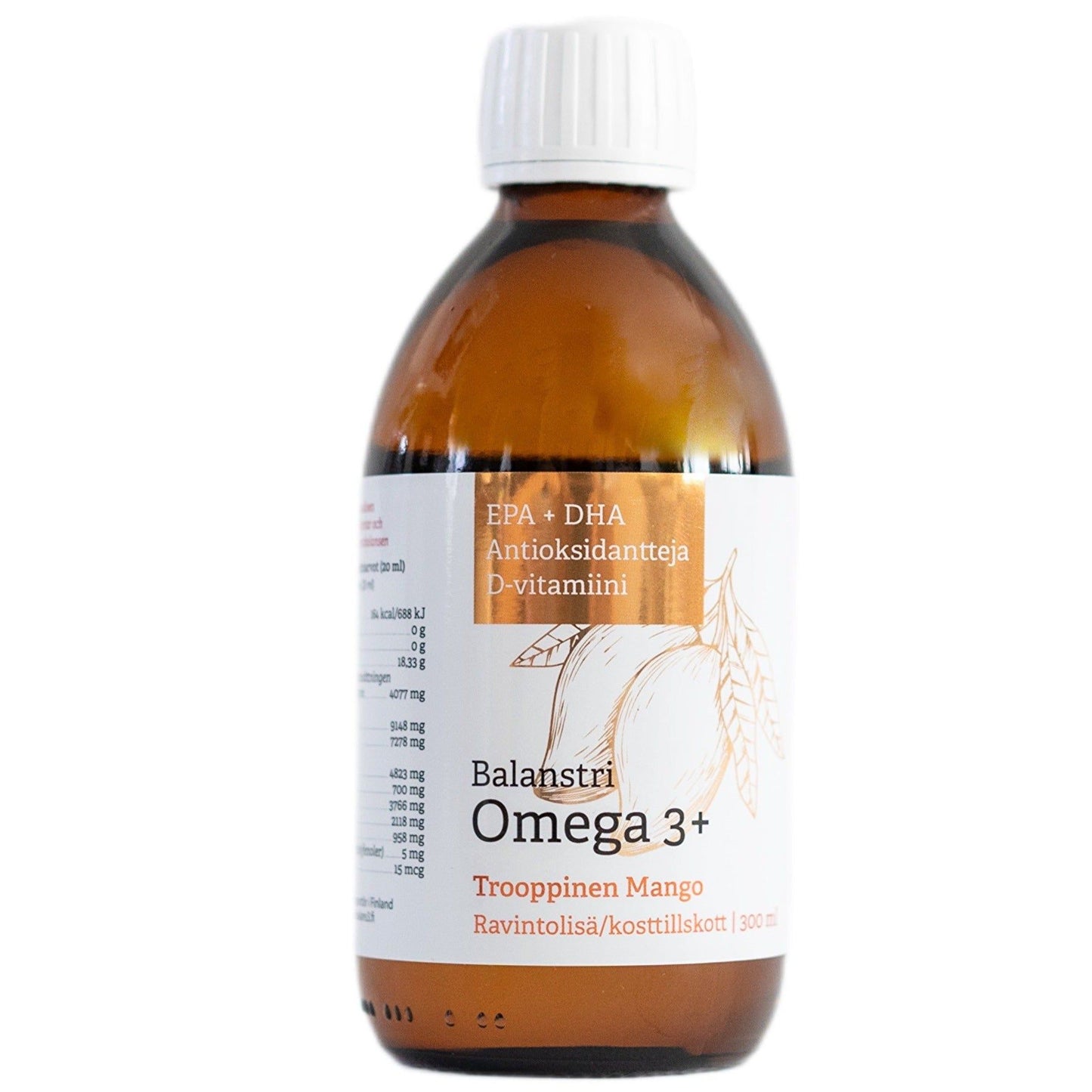 Balanstri Omega 3+ Trooppinen Mango; ruskea lasipullo valkoisella korkilla, etiketissä ravintotietoja ja mangon viivapiirros; suomen- ja englanninkielinen teksti korostaa EPA:ta, DHA:ta, antioksidantteja, D-vitamiinia ja trooppista mangonmakua; lieriömäinen muoto, kiiltävä pinta; groteskifonttia etiketissä; ei ihmisiä tai käsiä; vaalea studiotausta, keskikokoinen tuotekuva.