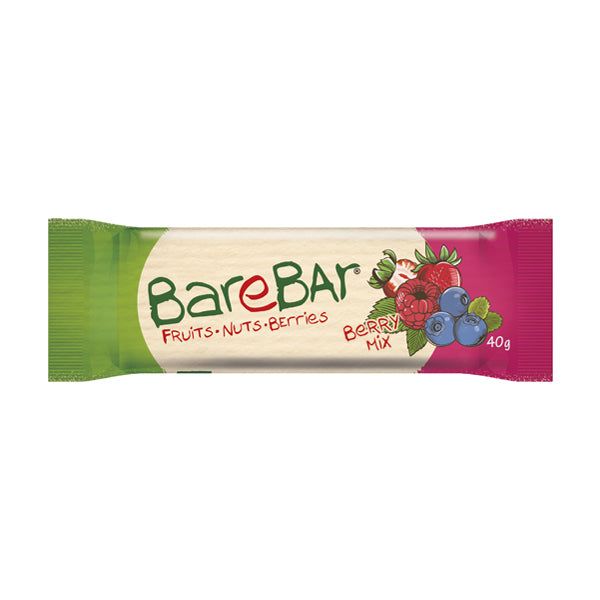 A BareBar snack bar in Berry Mix flavor, featuring images of raspberries and blueberries on the wrapper. The packaging is rectangular with crimped edges and is mainly green, cream, and pink with a matte finish. Bold sans-serif font displays product name and flavor. The bar weighs 40g. Photographed against a plain white background; no people or props are present.