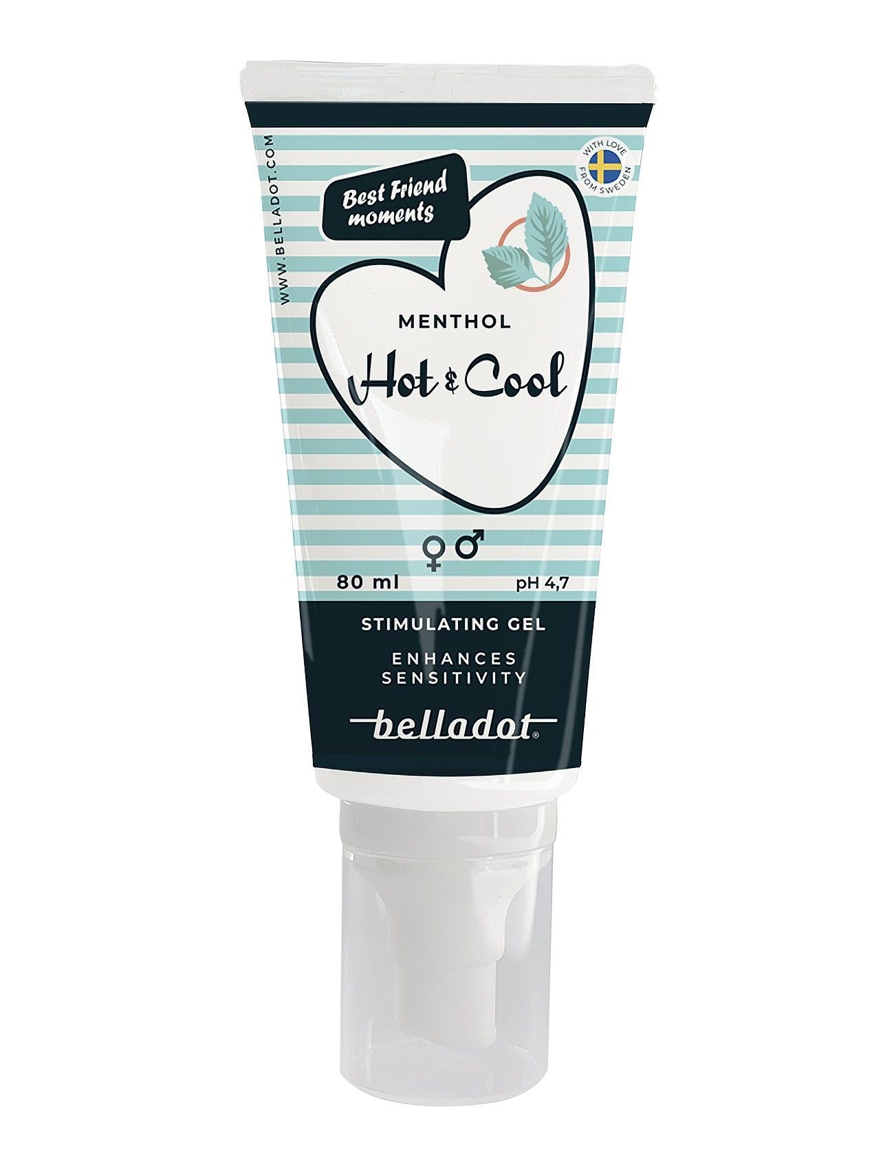 Belladot Menthol Hot & Cool Stimulating Gel comes in a conveniently designed tube with white, teal, and black labeling. The tube is mostly white with a matte finish, teal accents, and minimalistic black text. Label includes the product name and mentions sensitivity benefits. A plastic pump dispenser in white is visible. No people or hands present. Plain, light background; direct front-facing shot.
