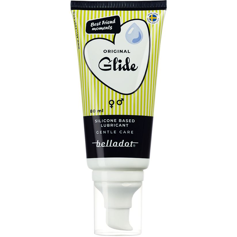 A tube of Belladot Original Glide silicone-based lubricant with a pump dispenser, featuring a yellow striped design and text highlighting gentle care and long-lasting comfort. The packaging is mostly yellow with white vertical stripes, cylindrical in shape, plastic material with a glossy finish. Product name is in bold, clear sans-serif font. The background is plain white with no people or objects in view, single product centered in the frame.