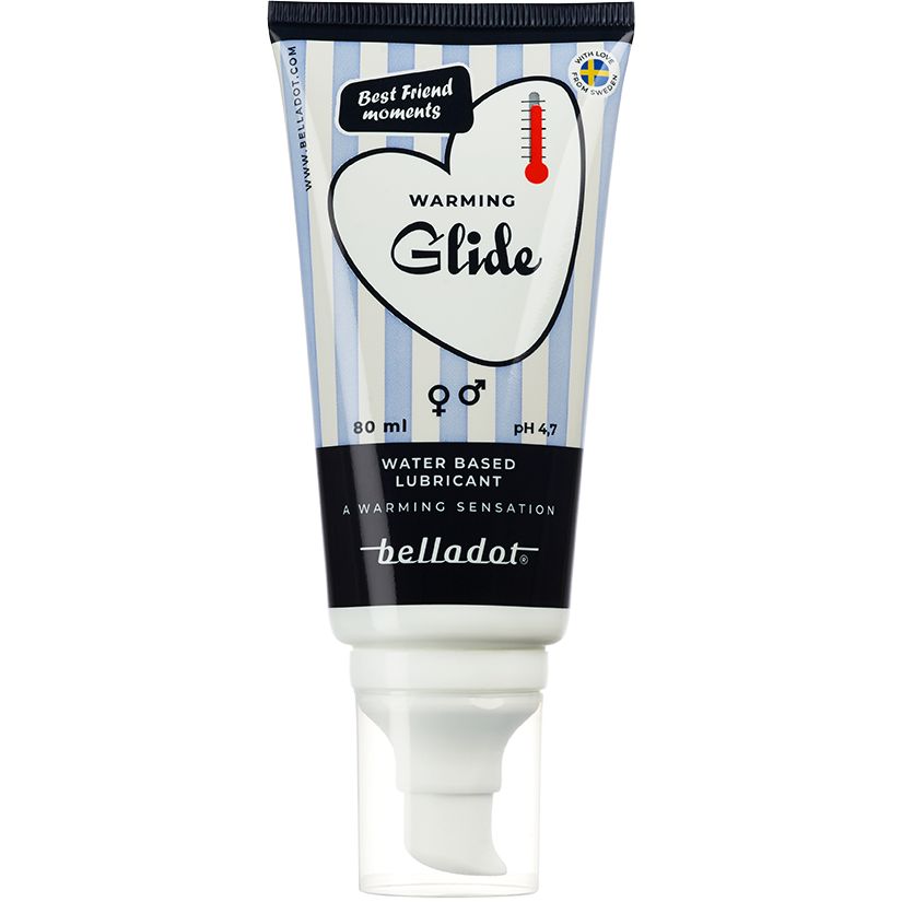 Tube of Belladot Warming Glide lubricant, 80 ml, with blue and white stripes, heart graphic, and temperature icon, labeled as water-based for a gentle warming sensation. The tube is plastic with a matte finish. Sans-serif font in varying weights is used on the label. No people or hands are visible. The product is photographed against a plain background in full view.