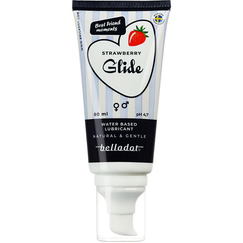 A tube of Belladot strawberry-flavored, water-based lubricant with a pump dispenser. The packaging is white with vertical blue stripes, a matte finish, and has a cylindrical shape. There is an illustrated heart and strawberry on the label. Visible text highlights the gentle water-based formula. No people or hands are present; plain background; straight-on product shot.