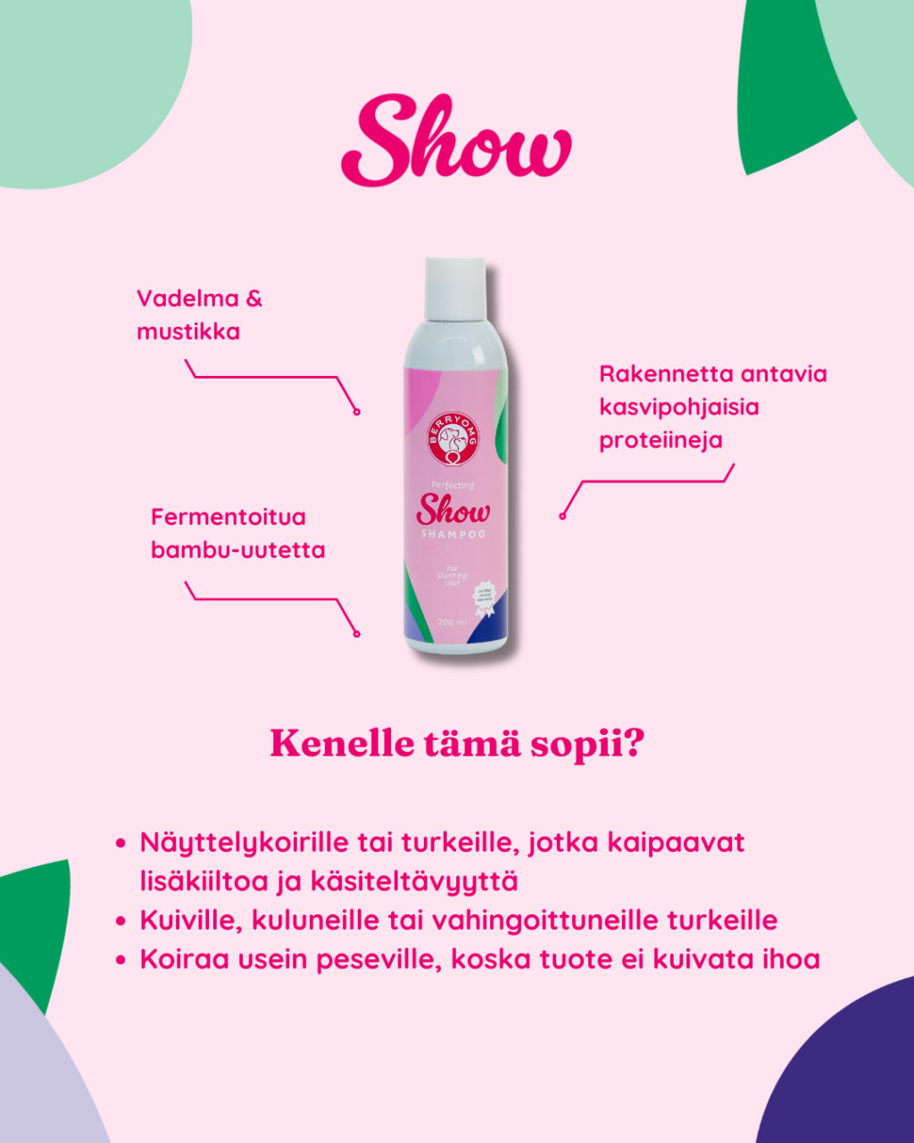 Berry OMG Perfectiong Show Shampoo; suomenkielinen infografiikka Show-suihkeesta esittää pullon, jossa nuolilla korostetaan luonnollisia ainesosia kuten marjoja, bambua ja proteiineja, sekä käyttöohjeita lemmikin turkin kiillon ja käsiteltävyyden parantamiseksi; vaaleanpunaisia pastellisävyjä; pullo lieriömäinen suihkepullo mattapinnalla ja kirkkaalla muovikorkilla; groteskifontti, lihavoitu otsikoissa; ei ihmisiä tai käsiä.