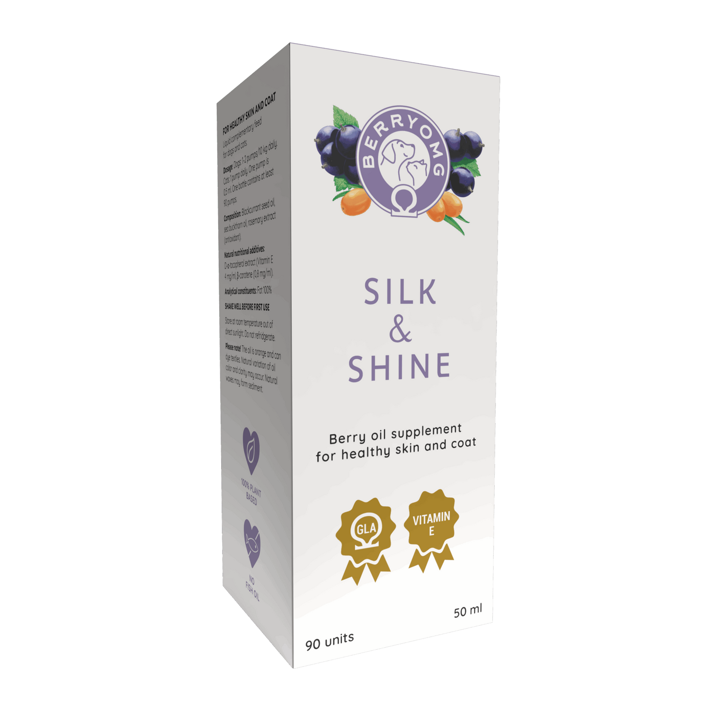 Berry OMG Silk & Shine nestemäinen: rasia BerryOMG Silk & Shine -marjaöljylisäravinnetta iholle ja turkille, kultaiset palkintoikonit GLA:sta ja E-vitamiinista; sisältää ravitsevaa marjaöljyä, 90 kappaletta à 50 ml; eloisia marja- ja lehtikuvituksia yläosassa; rasia on suorakulmainen kiiltäväpintainen, pääväreinä valkoinen ja pinkki-violetti liukuväri; otsikkoteksti on lihavoitua groteskikirjasinta eri kokoisilla teksteillä, lisätiedot pienemmällä alla; ei ihmisiä tai käsiä näkyvissä.