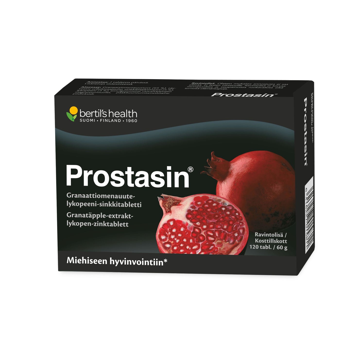 Prostasine-ravintolisätabletit; pakkauksessa granaattiomenakuvia sekä teksti suomeksi, ruotsiksi ja englanniksi; korostettuja ainesosia ovat granaattiomenauute, lykopeeni ja sinkki; suorakulmainen, mattapintainen pahvipakkaus, pääosin valkoinen punaisin korostuksin; tuotenimi ja avaintiedot groteskityypillä; vaalea studiotausta, ei ihmisiä.