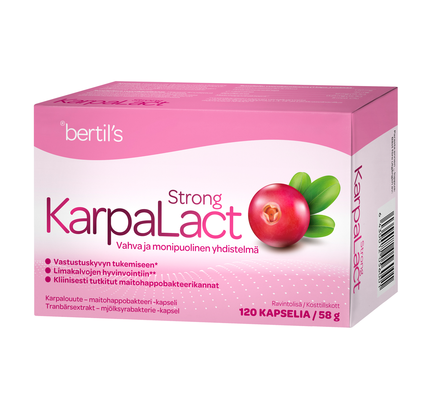 Bertils KarpaLact Strong; vaaleanpunainen ja valkoinen rasia bertils Strong KarpaLact -tuotetta, kuvituksena karpalo ja suomenkielistä tekstiä; rasia suorakaiteen muotoinen mattapinnalla; pakkaus ilmoittaa sisältävän 120 kapselia; tuotenimi ja päätiedot painettu lihavoidulla groteskilla, yksityiskohdat vaihtelevin fonttikoin; ei ihmisiä tai käsiä; neutraali studiotausta tasaisessa valaistuksessa.
