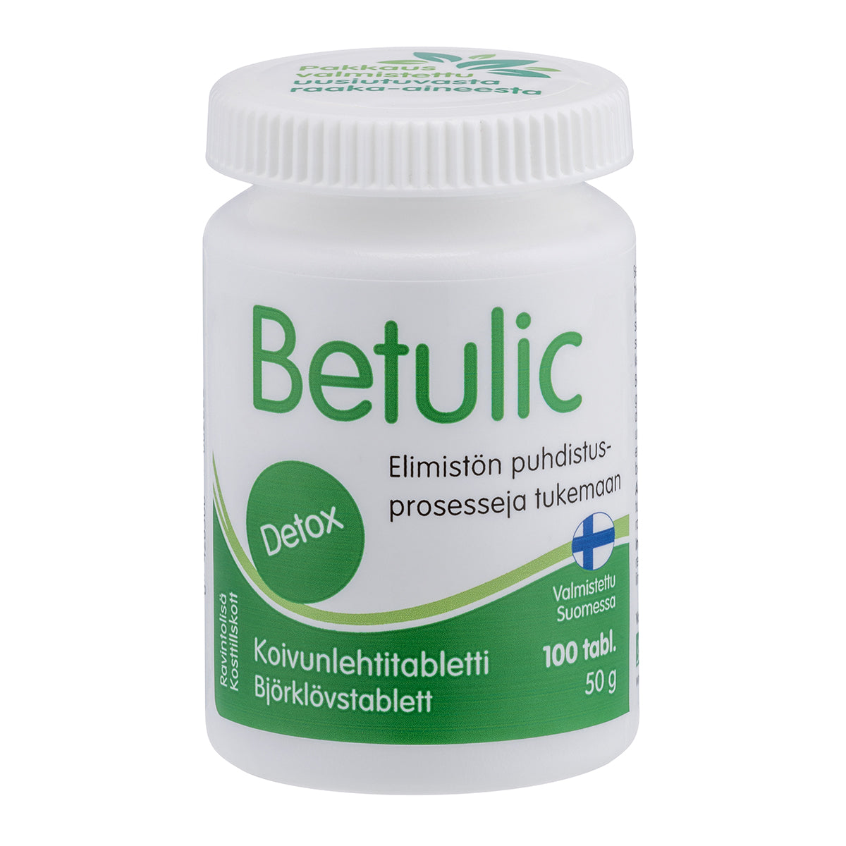Betulic; valkoinen muovipullo merkitty Betulic Detox, sisältää 100 koivunlehtitablettia; etiketissä suomen- ja englanninkielistä tekstiä, pieni Suomen lippukuvake, vihreä lehtikuvitus ja lohkomaista groteskitypografiaa; pullo on sylinterinmuotoinen kierrekannella ja mattapinnalla; valkoinen studiotausta, ei ihmisiä tai käsiä näkyvissä.