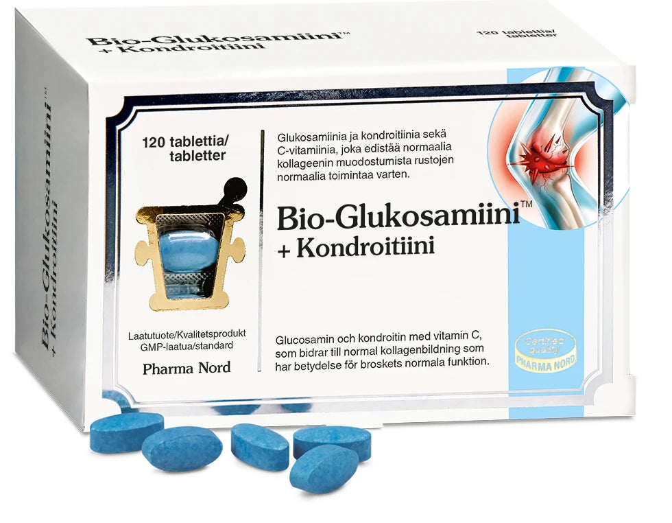 Bio-Glukosamiini + Kondroitiini -tabletit, siniset ovaalit tabletit edessä; pakkauksessa suomenkielistä tuotetietoa ja kuva polvinivelestä, glukosamiini ja kondroitiini korostettuina pääainesosina; rasia suorakulmainen, kiiltäväpinta, pääosin valkoinen ja sininen, lihavoitua groteskityyppiä; vaalea tausta, pelkkä tuote, ei ihmisiä.