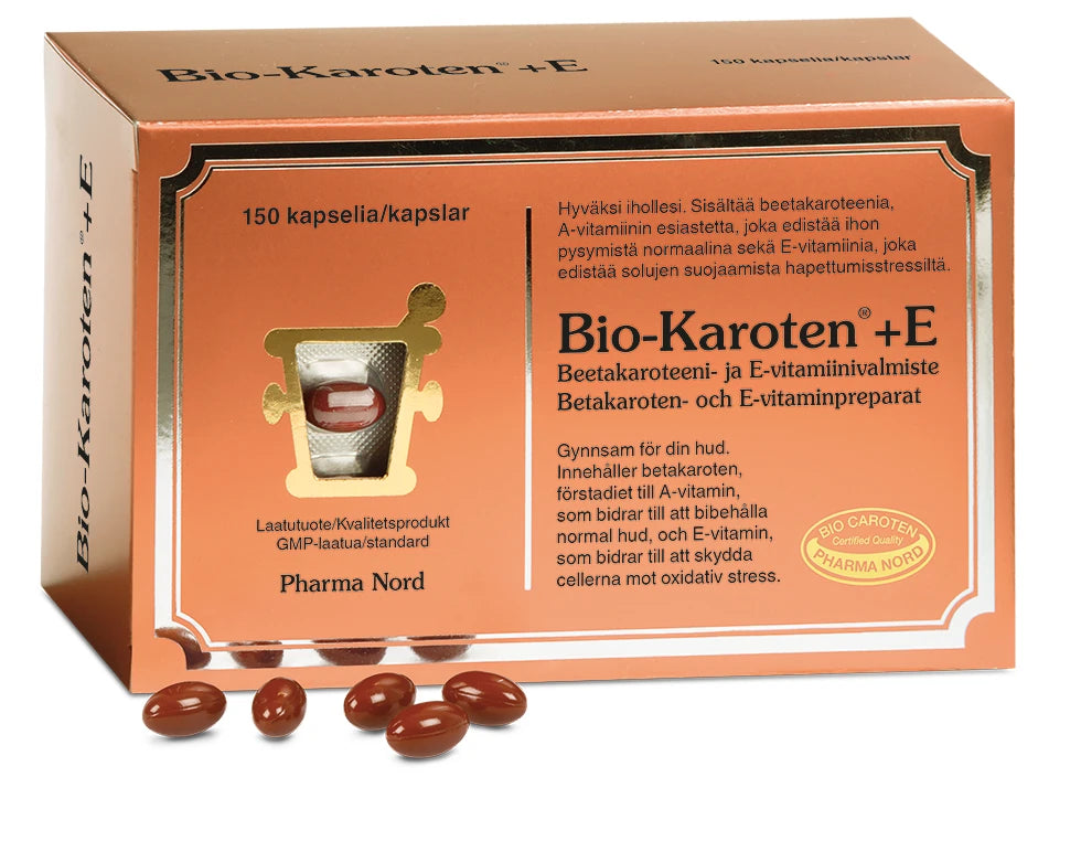 Bio-Karoten +E -pakkaus, 150 oranssinruskeaa kapselia, osa aseteltuna eteen; mattapintainen rasia, teksti suomeksi ja ruotsiksi beetakaroteenista ja E-vitamiinista