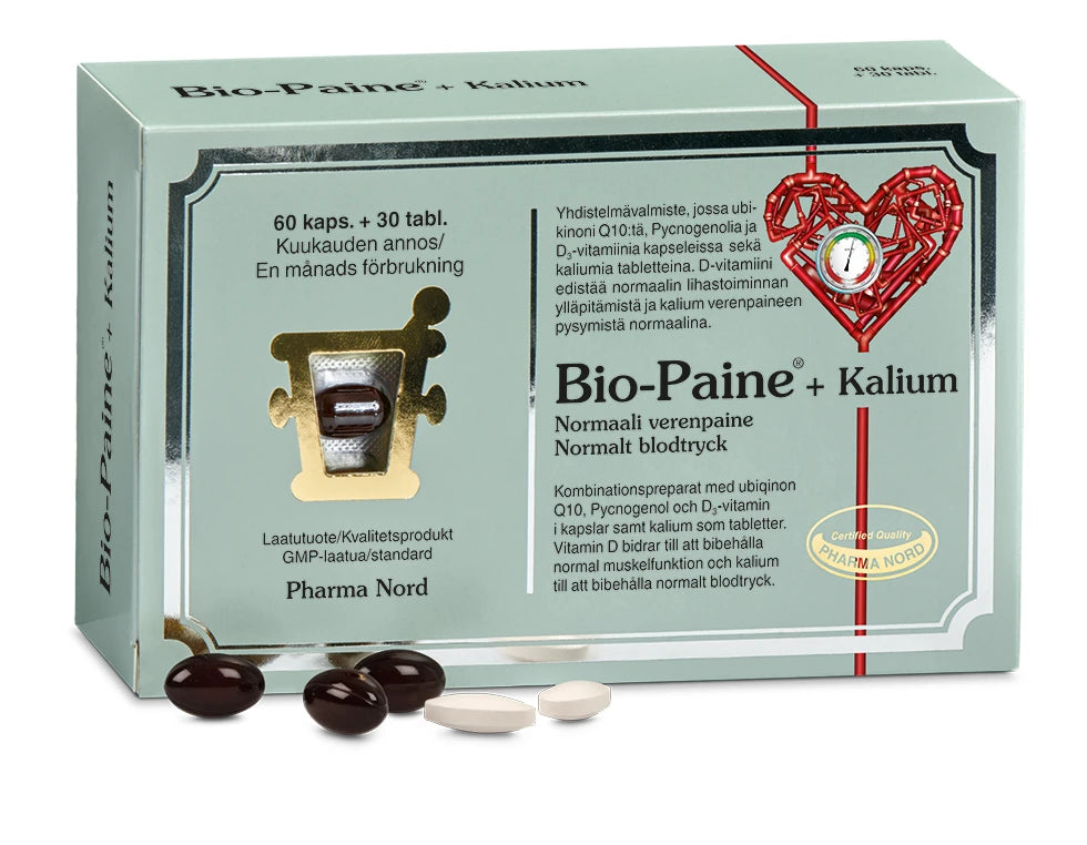 Bio-Paine + Kalium -pakkaus (Pharma Nord), 60 tablettia, sydänkuvitus etupaneelissa; suorakaiteen muotoinen mattapintainen rasia, groteskiteksti tuotenimestä ja kaliumista, kolme tummaa kapselia ja kolme valkoista pyöreää tablettia aseteltuna rasian eteen