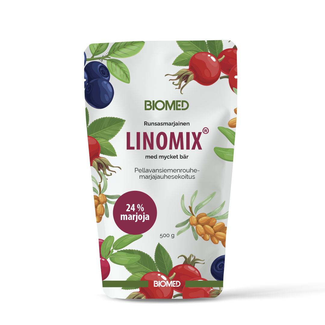 Biomed Linomix -pussi, marja-, pellava- ja lehtikuvitusta; suorakaiteen muotoinen mattapintainen suljettava pussi, valkoinen ja vihreä väritys, teksti "24% marjoja, chia, 500g"
