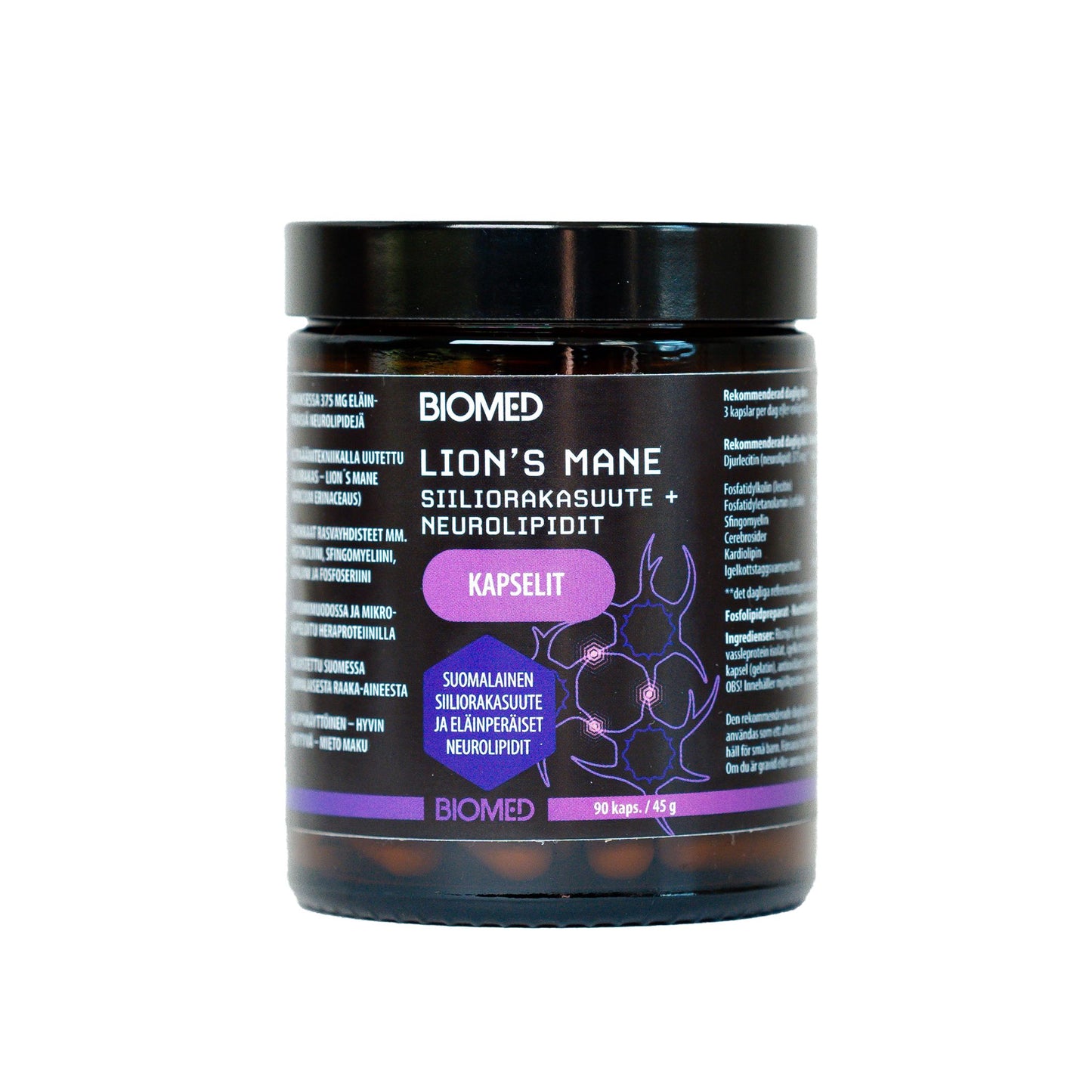 A jar of Biomed Lion’s Mane capsules with neurolipids. The cylindrical plastic jar has a black and purple matte label wrapped around it, which displays both Finnish and English text in clear sans serif font, along with a stylized mushroom illustration. The label specifies the jar contains 90 capsules. The product is set against a plain, light background with no people or hands visible.