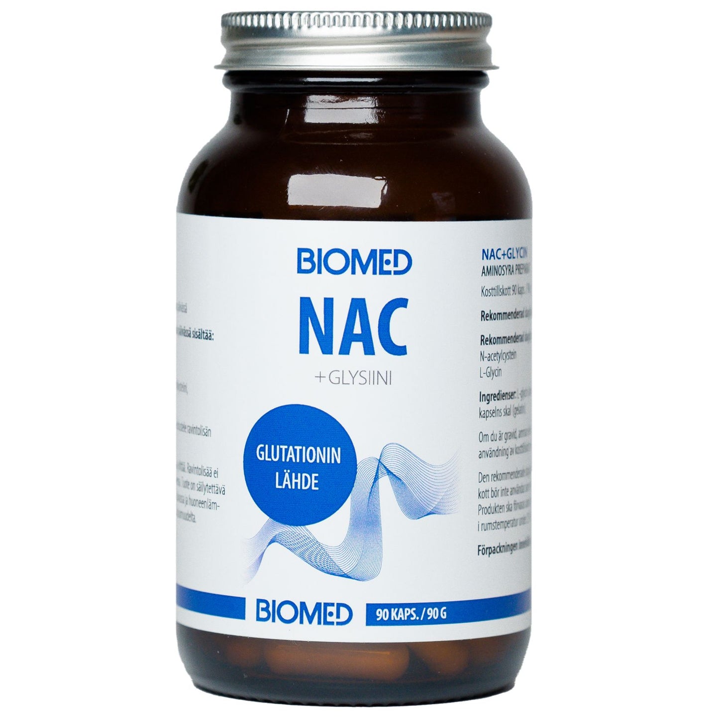 A brown glass bottle labeled BIOMED NAC + GLYSIINI with a white and blue label, containing 90 capsules. Cylindrical shape, glossy finish. Label has sans-serif font, Finnish text, a horizontal blue wave element, and emphasizes glysiini content. Bottle is upright on a neutral background with even lighting; no people or hands visible.