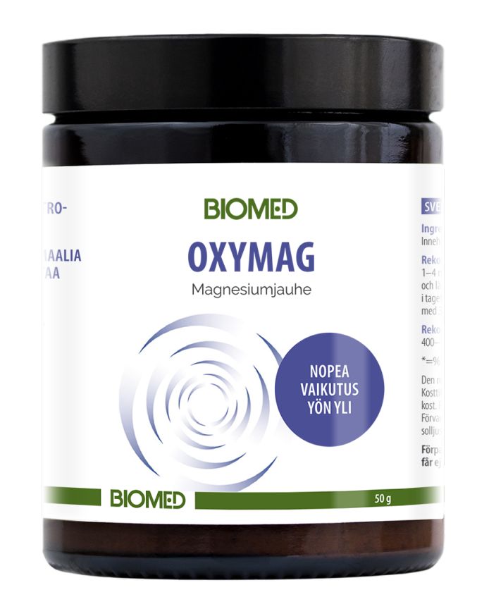 A black cylindrical plastic container of BIOMED Oxymag magnesium powder, matte finish, white wraparound label with blue and green sans-serif text, includes a spiral graphic element and a prominent blue circle with Finnish text indicating magnesium content. No people or hands visible. Product is isolated on a plain white background in a centered product shot.