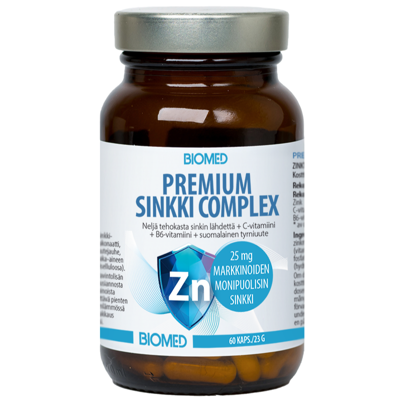 Biomed Premium Sinkki Complex; ruskea lasipullo merkitty Biomed Premium Sinkki Complex, sinisellä kilpikuviolla teksti Zn 25 mg ja valkoista tekstiä neutraalia taustaa vasten; sylinterinmuotoinen pullo mattapinnalla, musta kierrekorkki, groteskitypografiaa sekä iso- että pienaakkosin; ei ihmisiä, käsiä tai muuta pakkausta näkyvissä; pullo sisältää 60 kapselia sinkkikompleksia.