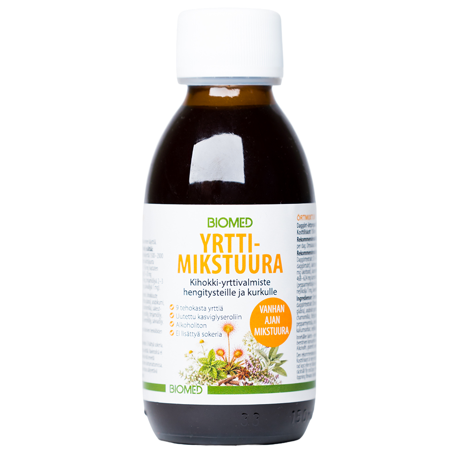 Biomed Yrttimikstuura -pullo mustaa taustaa vasten, yhdeksän yrtin kihokki-yrttivalmiste, 150 ml