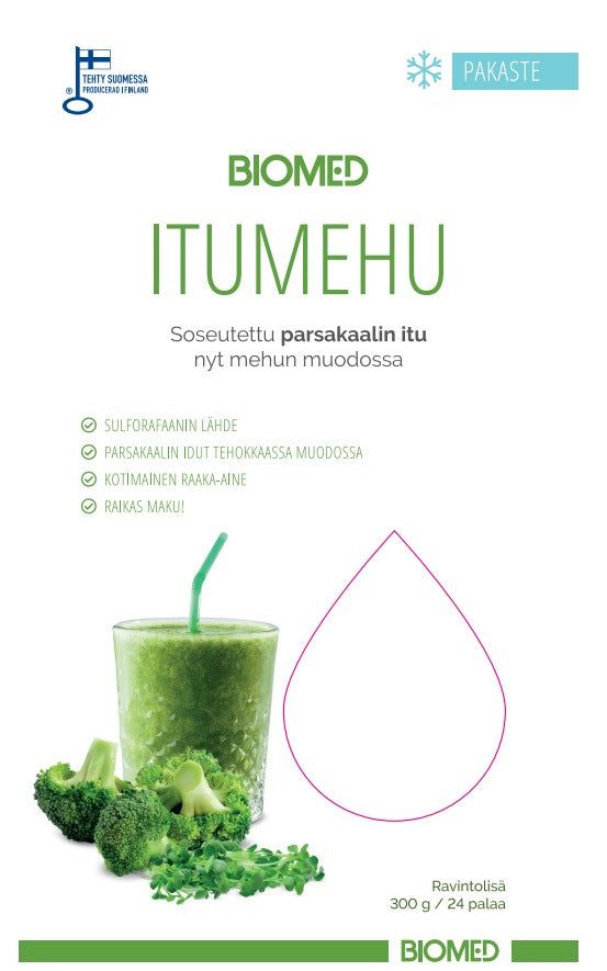 A Finnish frozen product label for Biomed Itumehu, featuring a glass of green juice, broccoli, and sprouts. The package is rectangular with a matte finish. Green sans-serif text and small green icons are displayed on a white background. Notable keywords on the label reference sulforaphane content and fresh taste. No people or hands visible in the image.