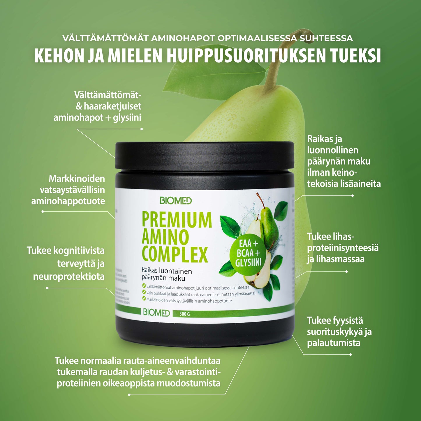 Biomed Premium Amino Complex; pieni, valkoinen lieriömäinen purkki tekstillä ”Biomed Premium Amino Complex” kokonaisen vihreän päärynän vieressä; etiketissä groteskityyppografiaa sinisin ja harmain tekstein; lähellä suomenkielistä tekstiä tuotehyödyistä lihavoidulla kirjasimella; aminohappoihin liittyvää tietoa astian sivussa; tausta yksivärinen vihreä; laaja tuotekuva, ei ihmisiä tai käsiä; purkki, päärynä ja suomenkielinen teksti listaavat tuotehyötyjä, kuten kognitiivista tukea ja lihasten toimintaa.