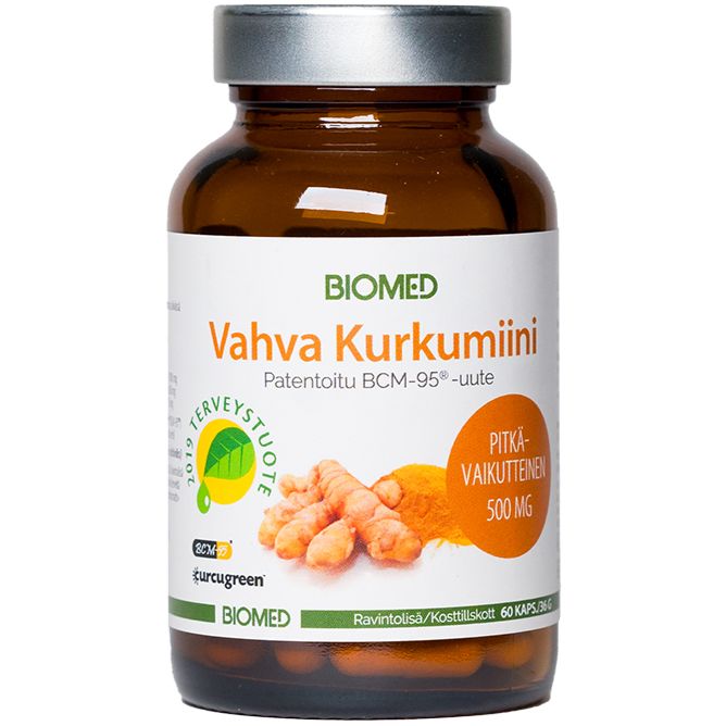 Biomed Vahva Kurkumiini -pullo, ruskea lasi, kiiltäväpinta, sylinterinmuotoinen; kuvia kurkumajuurista ja -jauheesta, lihavoitu valkoinen-vihreä groteskiteksti, 60 kapselia à 500 mg