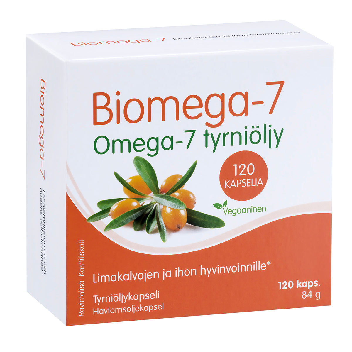 Biomega-7 Omega-7 Tyrniöljy -pakkaus, 120 vegaanista kapselia; suorakulmainen pahvipakkaus, jossa värikuvia oransseista tyrnimarjoista ja vihreistä lehdistä valkoisella pohjalla; tuotenimi ja keskeiset tiedot lihavoidulla modernilla kirjasimella; teksti mainitsee tyrniöljyllä rikastetun sisällön; pinta mattamainen; kuvattu yksiväristä taustaa vasten, ei ihmisiä tai käsiä näkyvissä.