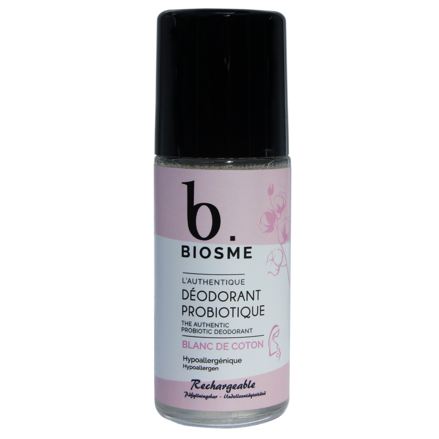 Biosme Roll-On Deodorantti Blanc de Coton; pullo Biosme-probioottideodoranttia mustalla korkilla ja vaaleanpunaisella etiketillä, tekstinä Blanc de Coton, kukkakuvituksin ja kaksikielisellä tekstillä ranskaksi ja englanniksi; astia sylinterin muotoinen mattapinnalla; etiketissä yksinkertaista groteskitypografiaa; tuote ainoa näkyvä esine, tausta vaikuttaa tasaiselta ja neutraalilta; ei ihmisiä tai käsiä kuvassa.