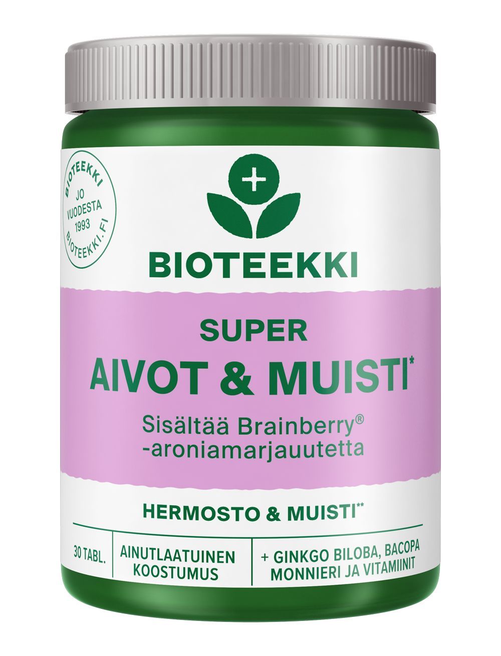 Bioteekki Super Aivot & Muisti, vihreä-valkoinen ravintolisäpullo tekstillä "SUPER AIVOT & MUISTI", suomenkielistä tekstiä ja violetteja korostuksia, sisältää 30 tablettia kognitiivisen toiminnan ja muistin tueksi; pullo sylinterimäinen valkoisella kierrekorkilla, mattapintainen; siisti groteskityyppi violettina avainkohdissa, pienempi teksti alla; tuote kuvattu valkoista taustaa vasten, ei ihmisiä eikä rekvisiittaa näkyvissä.