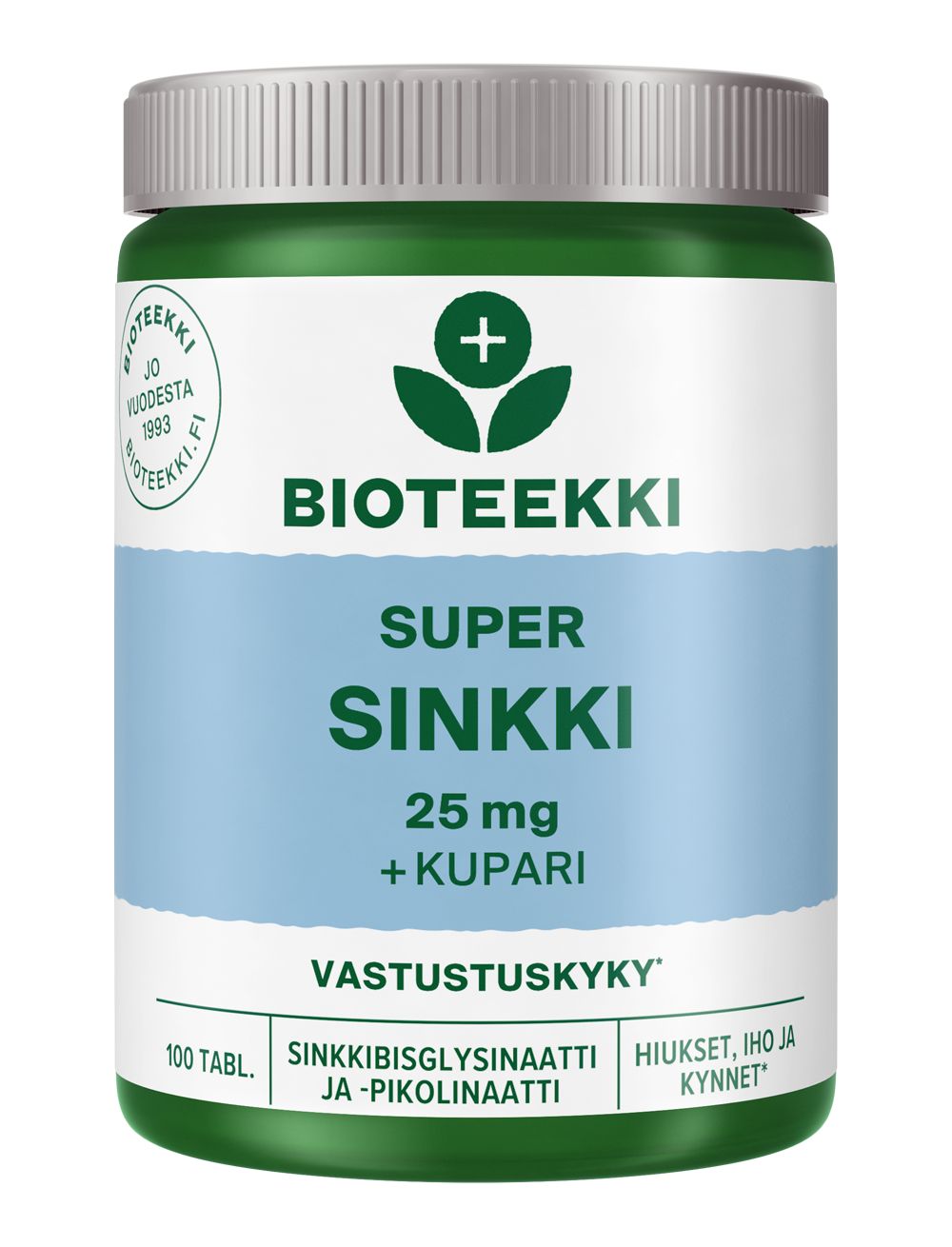 Bioteekki Super Sinkki 25 mg + Kupari -purkki, vihreä-valkoinen mattamuovi, sylinterinmuotoinen, kierrekorkki; lihavoitu groteskiteksti suomeksi, 100 tablettia