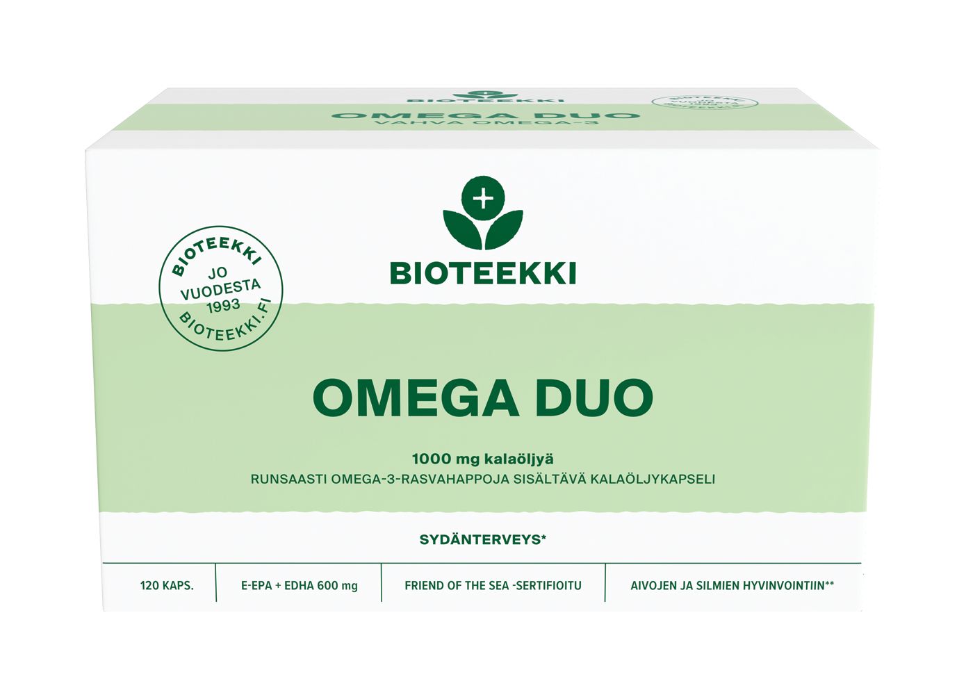 Bioteekki Omega Duo -kalaöljykapselien pakkaus, vihreä-valkoinen suorakaiteen muotoinen rasia, Omega-3-, EPA- ja DHA-tiedot suomeksi