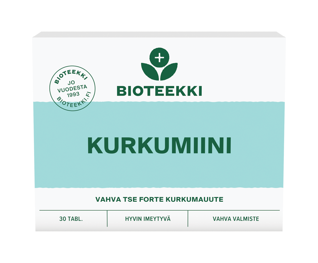 Bioteekki Kurkumiini -pakkaus turkoosilla etiketillä; suorakulmainen laatikko mattapintaista pahvia; kaikki teksti lihavoitua, valkoista ja keltaista fonttia etiketissä, mukaan lukien maininnat vahvasta kurkumauutteesta, erinomaisesta imeytyvyydestä, tehokkaasta koostumuksesta ja 30 tabletista; logo ja tuotetiedot näkyvissä; tausta yksivärinen, ei muita esineitä tai ihmisiä näkyvissä.