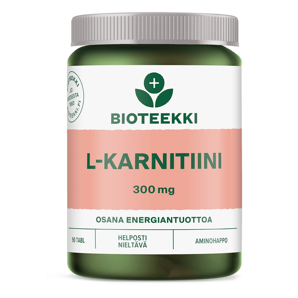 A green and pink plastic bottle with a matte finish, featuring a cylindrical shape and screw-on cap. The label is primarily white with bold, sans-serif typography in black and magenta. Visible text reads “Bioteekki L-Karnitiini 300 mg with 90 tablets.” There are no people or hands present; the item is photographed against a plain, white background.