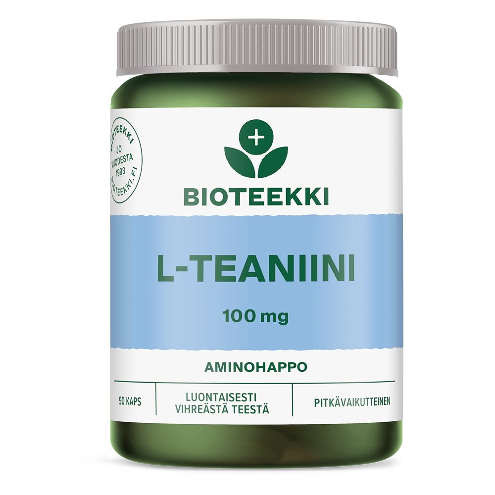 A jar of Bioteekki L-Teaniini 100 mg dietary supplement with a round, green plastic lid and blue matte label. Label has white sans-serif text and states 90 capsules, natural, pure green tea extract. The container is upright with no people or hands. Background is plain white. Photo is a product close-up.