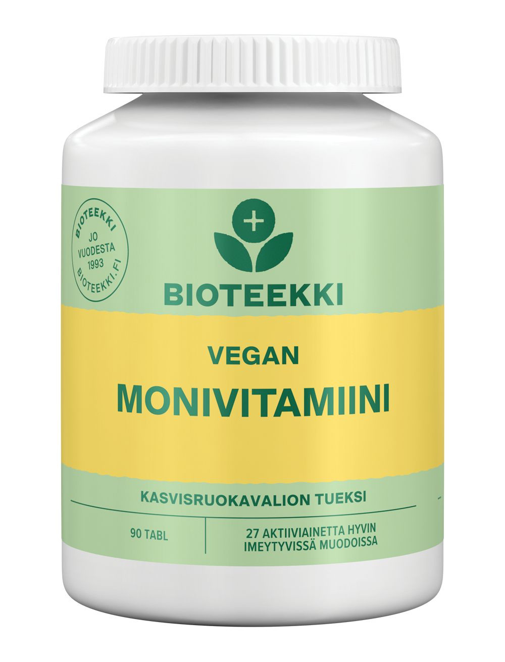 Bioteekki Vegan Monivitamiini, valkoinen muovipullo sylinterimäinen kierrekorkilla ja mattapinnalla; etiketissä vihreitä ja keltaisia korostuksia; typografia moderni groteski, pääteksti "Bioteekki Vegan Monivitamiini", muu tieto sisältää "90 tablets"; ei ihmisiä eikä käsiä näkyvissä, tausta yksinkertainen studiokuva; pullo sisältää 90 tablettia vegaanisia monivitamiineja kasvipohjaisen elämäntavan tueksi.