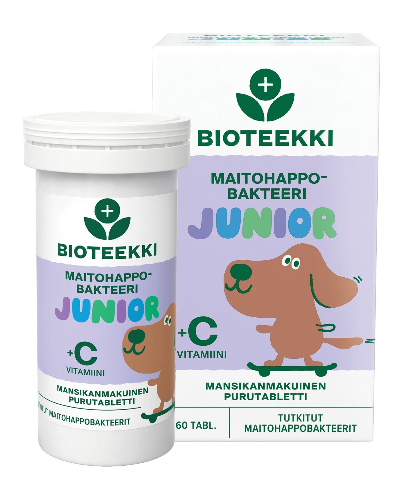 Rasia ja pullo Bioteekki Junior -maitohappobakteeritabletteja C-vitamiinin kera, kuvituksena sarjakuvakoira suomenkielisessÀ pakkauksessa. Rasiassa on 60 tablettia. Molemmat pakkaukset ovat pÀÀosin valkoisia oranssein ja vihrein tehostein, kiiltÀvÀpintaisia, rasia suorakulmainen ja pullo lieriömÀinen. Lihavoitua pÀÀteviivatonta tekstiÀ oranssilla ja vihreÀllÀ. Tausta on valkoinen, tuote keskitetty, ei ihmisiÀ tai kÀsiÀ nÀkyvissÀ. Kuva on suora tuotekuva, jossa etiketit nÀkyvÀt selvÀsti.