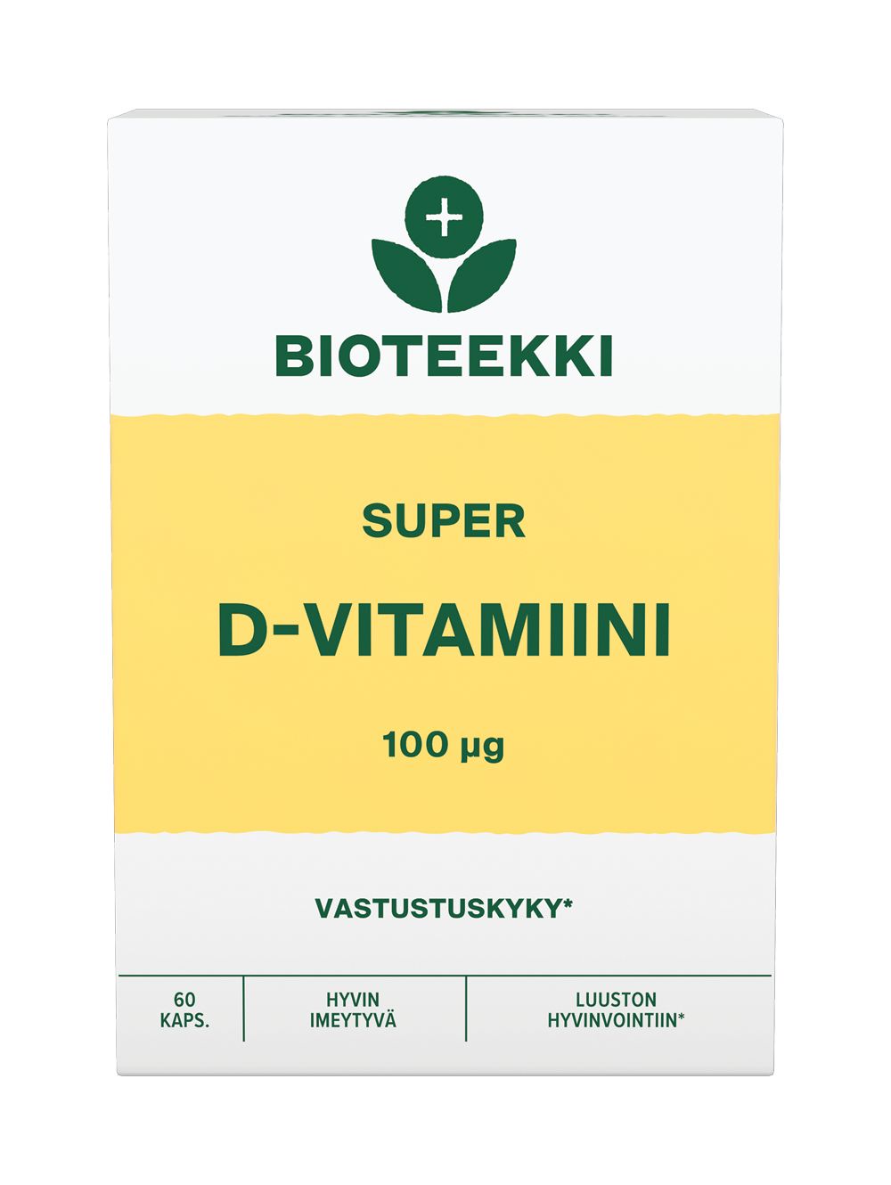 Bioteekki Super D-vitamiini 100 mikrog -pakkaus, valkoinen mattapintainen suorakulmainen rasia, keltainen alaosa, lehtilogo yläosassa; vihreä suomenkielinen groteskiteksti vahvuuden ilmoituksella