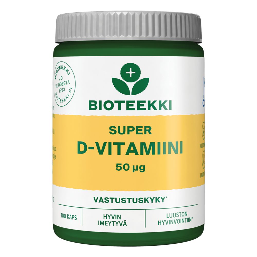 A green and white bottle labeled Bioteekki Super D-Vitamiini 50 µg with 100 capsules. Plastic container with a matte finish, cylindrical shape, and screw cap. Label features Finnish text in sans-serif font, a green leaf logo graphic, and numerical details indicating vitamin strength. The bottle is shown against a plain background with no people or props visible.