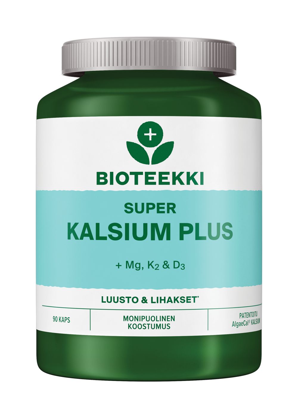 Bioteekki Super Kalsium Plus, 90 kapselia; vihreä ja valkoinen muovipullo mattapintaisena kierrekorkilla, sylinterinmuotoinen ja pystyssä valkoisella taustalla; etiketti lihavoitua groteskikirjasinta, kertoo magnesiumista, K2- ja D3-vitamiinista sekä luu- ja lihasterveyden tuesta; ei ihmisiä tai muita esineitä kuvassa.