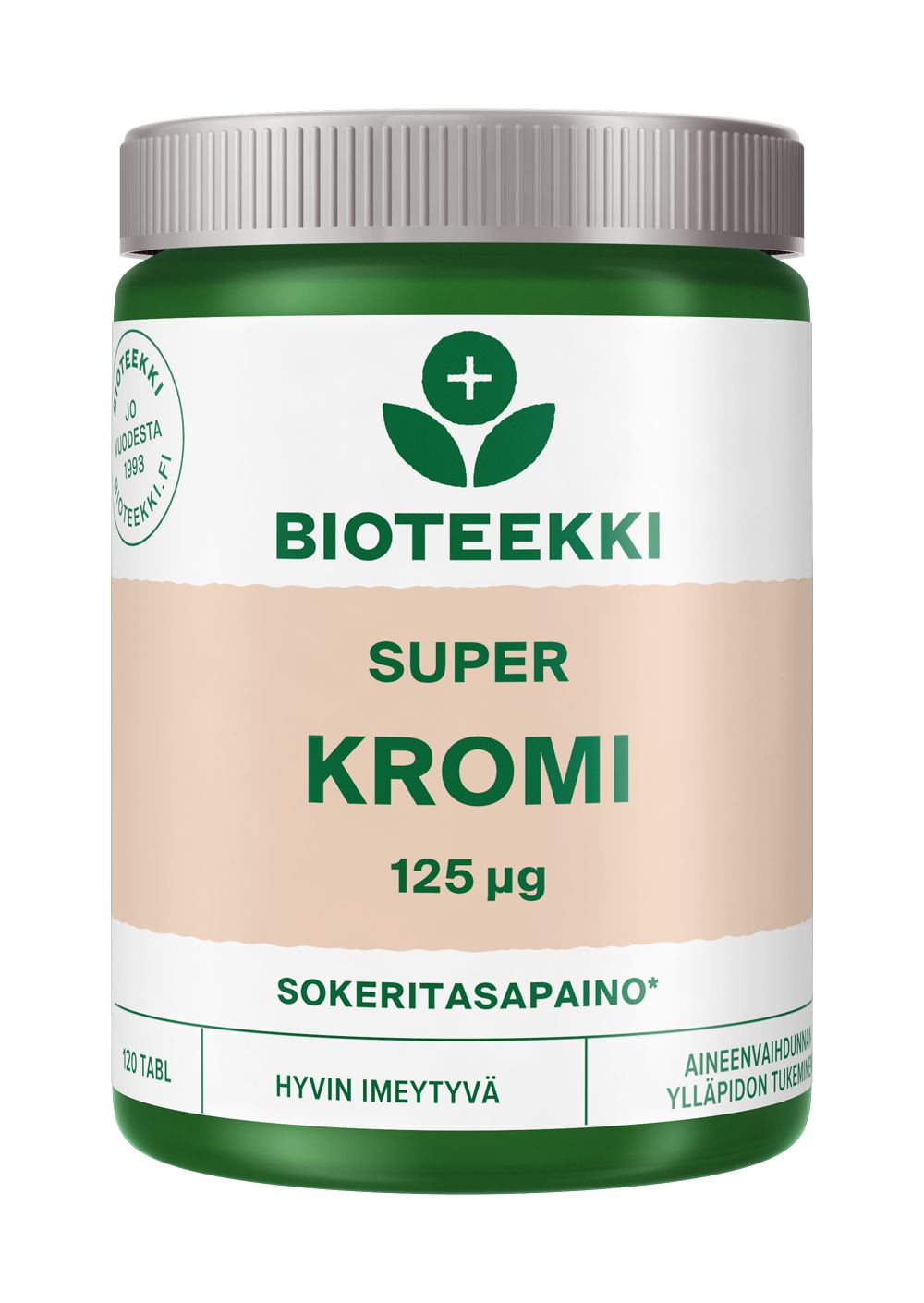 Bioteekki Super Kromi, 125 µg; vihreä korkki, beige-valkoinen mattapintainen etiketti ja vihreä groteskiteksti; etiketissä suomenkielistä tekstiä hyvästä imeytymisestä ja aineenvaihdunnan tukemisesta sekä kromin tärkeästä roolista; lieriömäinen muovipullo vaalealla taustalla, ei ihmisiä.