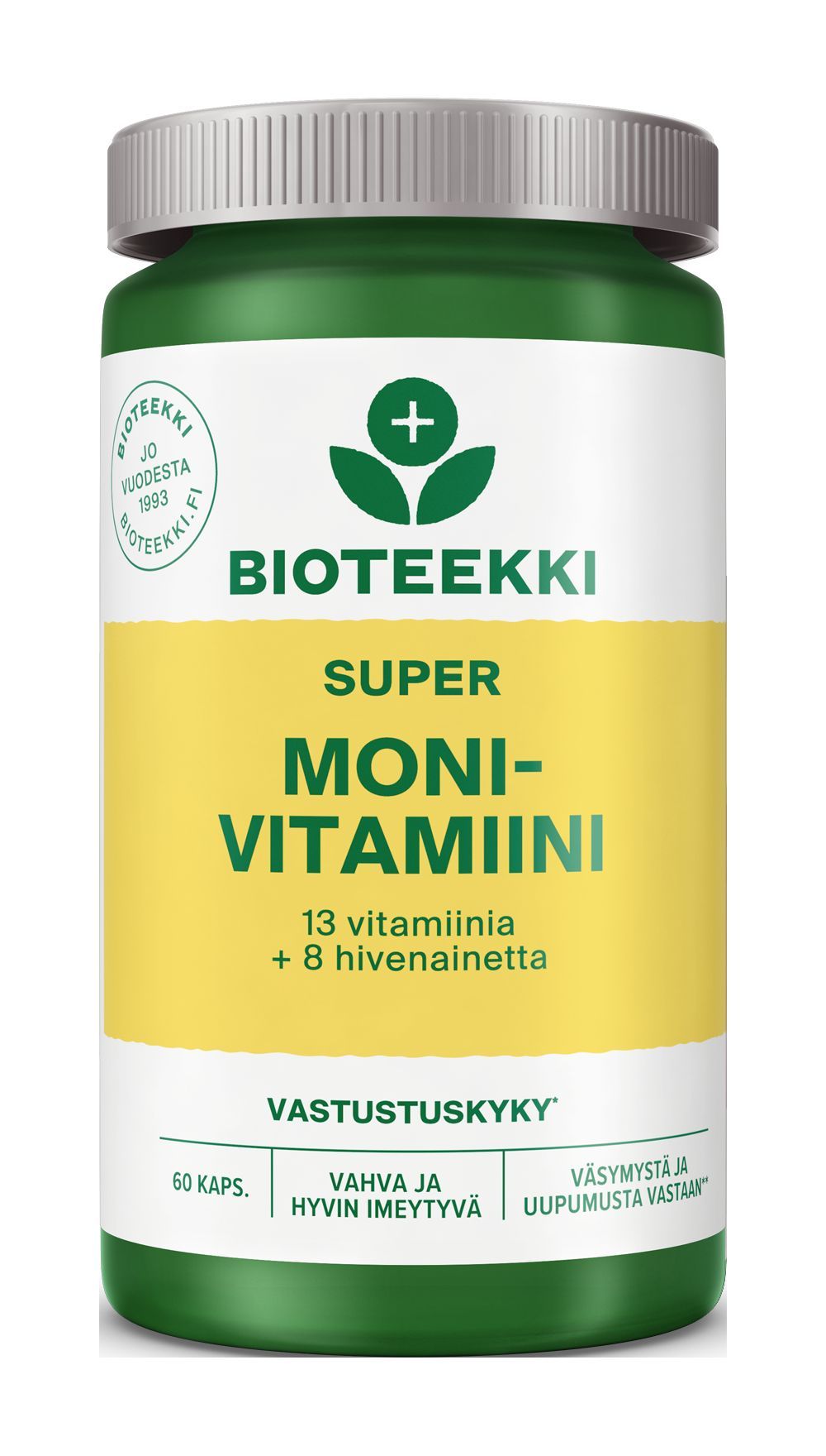Bioteekki Super Monivitamiini -muovipurkki; vihreä ja keltainen väritys; mattapintainen, sylinterimäinen ja yläosastaan hieman pyöristetty purkki; etiketissä selkeällä tekstausvapaalla kirjasimella suomenkielinen teksti 13 vitamiinista ja 8 kivennäisaineesta sekä sisällöksi 60 kapselia; kuvattu valkoista taustaa vasten.