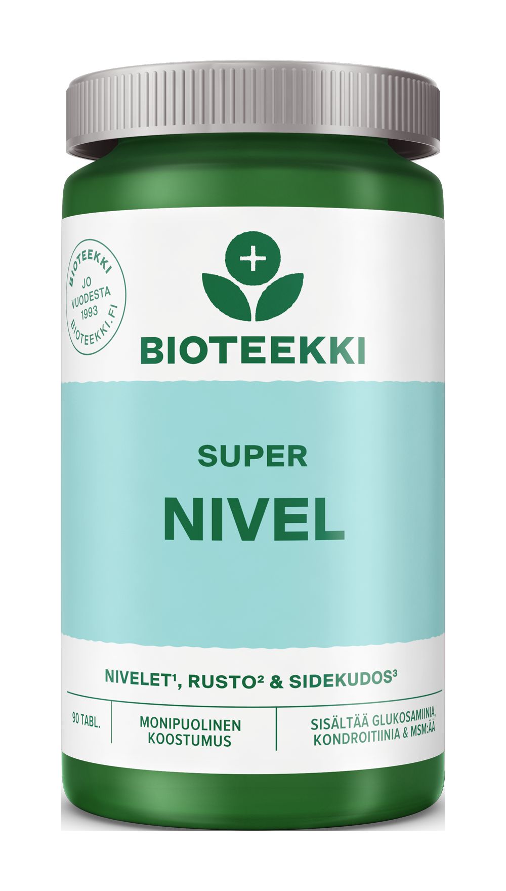 Bioteekki Super Nivel -purkki, 90 tablettia; vihreä-valkoinen, mattapintainen ja sylinterimäinen muovipullo litteällä valkoisella korkilla; etiketissä lihavoitu tuotenimi ja pienempää suomenkielistä tekstiä nivelten, rustojen ja sidekudosten tueksi, tiedot selkeästi jaoteltuina; kuvattu edestä valkoista taustaa vasten, ei ihmisiä tai käsiä näkyvissä.
