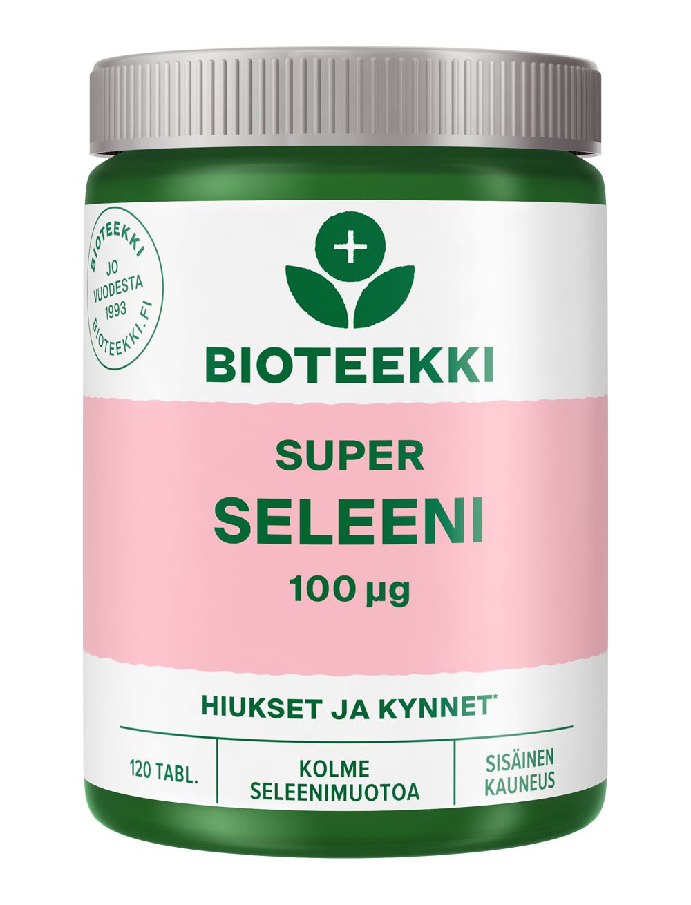 Bioteekki Super Seleeni, 100 µg, 120 tablettia; vihreä-valkoinen pullo, vaaleanpunainen raita ja suomenkielistä tekstiä; lieriömäinen muovipullo, valkoinen kierrekorkki, pääosin mattapintainen; etiketissä mustaa ja vaaleanpunaista groteskityyppiä; tuote kuvattu suoraan edestä silmän tasolta vaalealla taustalla.