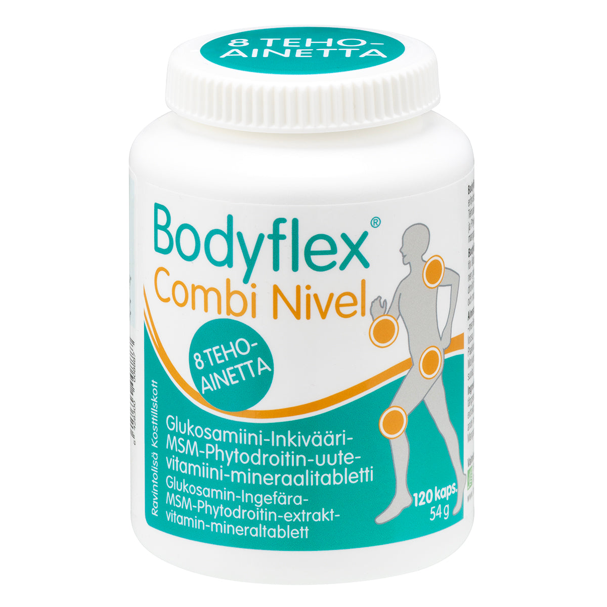 Bodyflex Combi Nivel: valkoinen muovipullo Bodyflex Combi Nivel -ravintolisää mattapinnalla ja sylinterimäisellä muodolla; etiketissä sinistä ja oranssia tekstiä, tyylitelty ihmisen siluetti sekä glukosamiinin, MSM:n ja muiden nivelten hyvinvointiin liittyvien ainesosien luettelo; kirjasin on tavanomaista groteskia; pääosin suomenkielinen kaksikielinen etiketti kiertyy pullon ympäri; yksinkertainen tausta, ei ihmisiä tai käsiä näkyvissä.