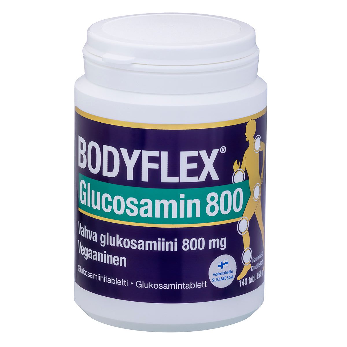 Bodyflex Glucosamin 800; valkoinen muovipullo kierrekorkilla, sylinterinmuotoinen ja mattapintainen; etiketissä "BODYFLEX Glucosamin 800" sinisellä ja vihreällä lihavoidulla groteskikirjasimella, keltainen ihmishahmokuvitus; teksti kertoo 800 mg vegaanisista glukosamiinitableteista; valkoinen tausta ilman käsiä tai muita esineitä.